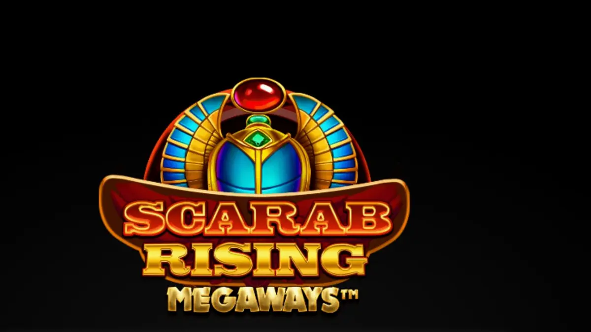 Tampilan antarmuka permainan slot Scarab Rising Megaways dengan tema Mesir Kuno