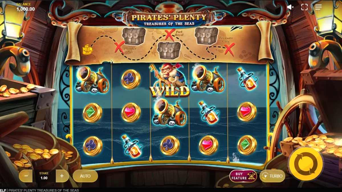 Layar permainan slot Pirates’ Plenty: Treasures of the Seas dengan tema bajak laut